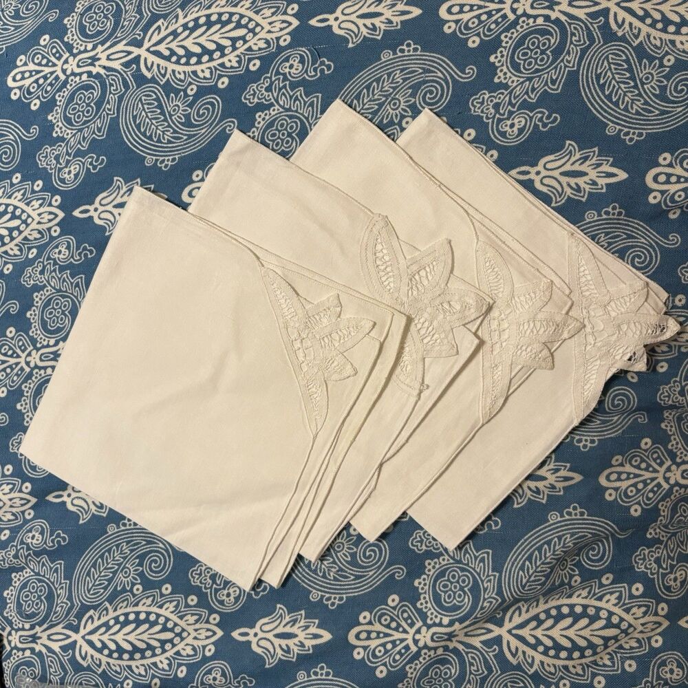 Vintage Napkins Embroidered Battenburg Lace Set of 4 Scalloped Edge 16x16 White